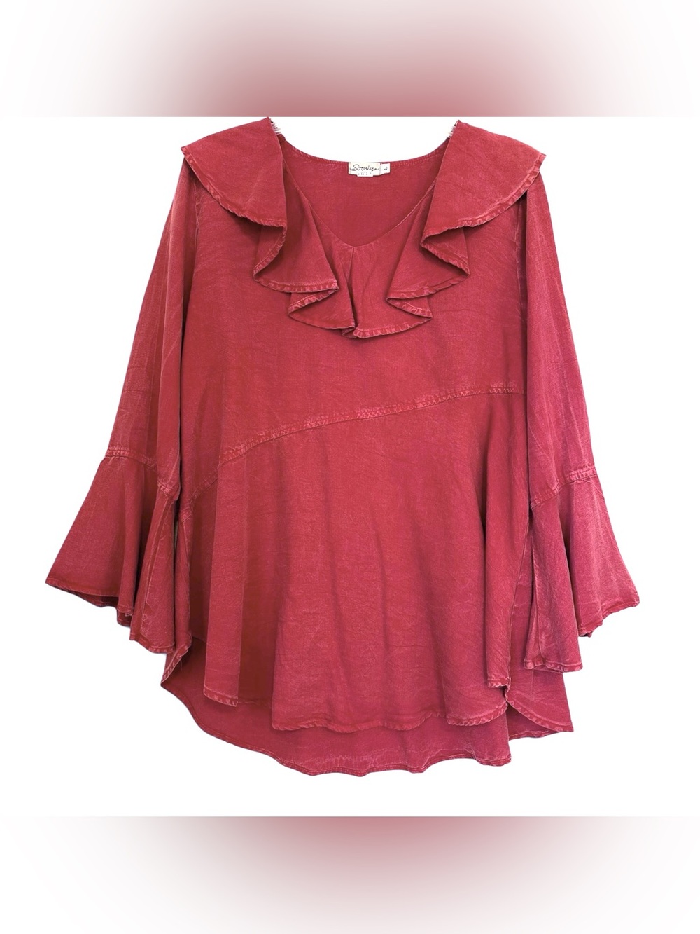 Soonisa Ruffle Collar Flowy Bell Sleeve Blouse in Deep Rose